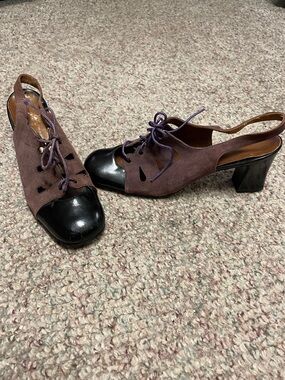 Vibtage Bally Suede and Patent Two-Tone Lace-Up Slingback Heels - Purple/Black